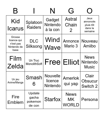 Nintendo Direct Bingo Card