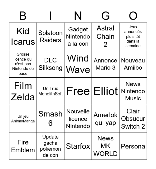 Nintendo Direct Bingo Card