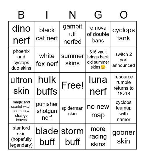 rivals bingo 8.5 Bingo Card
