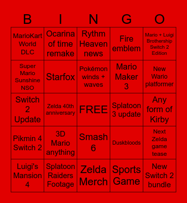 Nintendo Direct Predictions 9/6/2026 Bingo Card