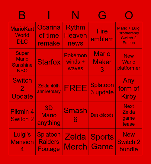 Nintendo Direct Predictions 9/6/2026 Bingo Card