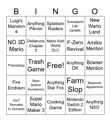 Nintendo Direct 69 Bingo Card