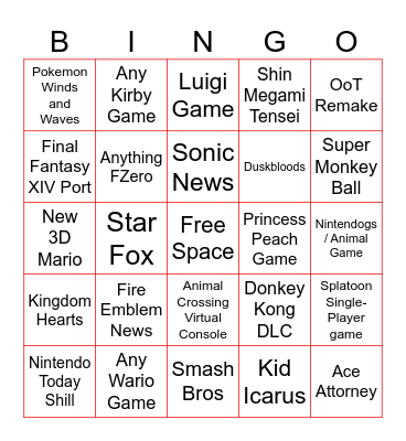 Nintendo Direct 6/9 Bingo Card