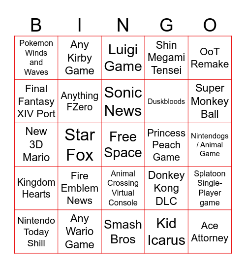 Nintendo Direct 6/9 Bingo Card