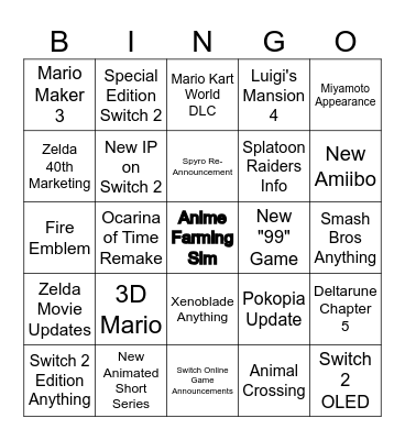 Nintendo Direct June 2026 Bingo Card