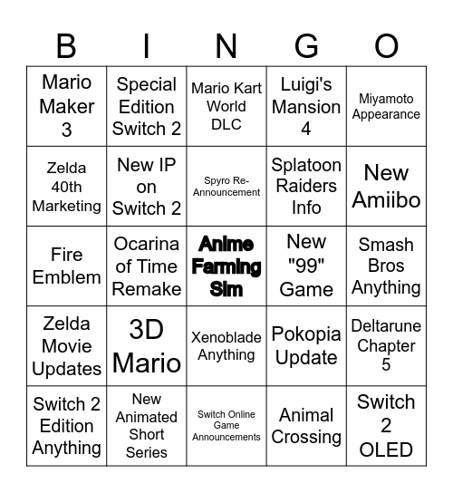 Nintendo Direct June 2026 Bingo Card