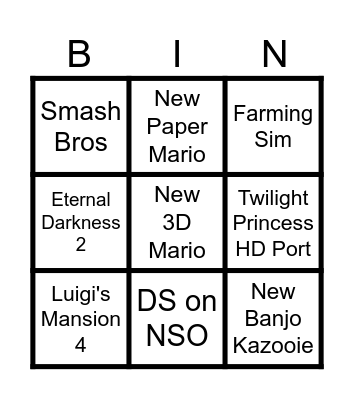 Nintendo Direct Bingo Card