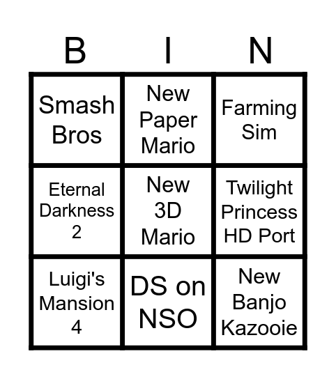 Nintendo Direct Bingo Card