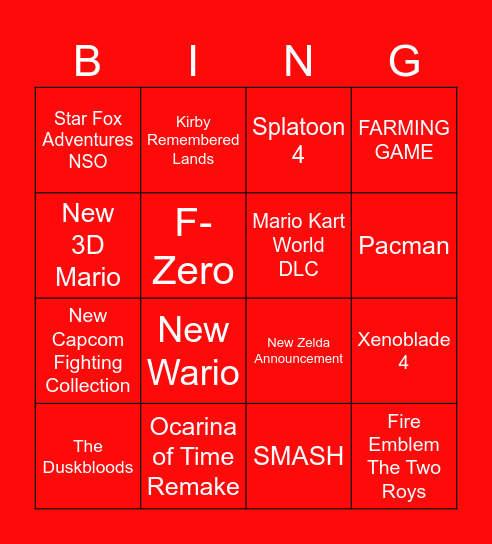 Nintendo Direct June 9th 2026 Bingo Card