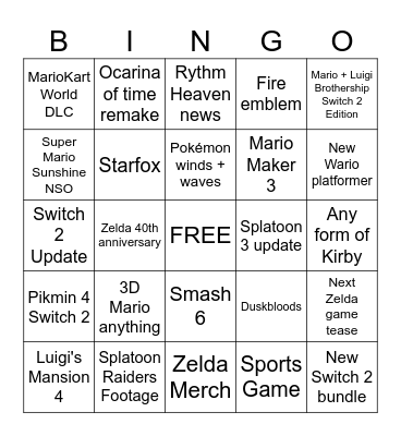 Nintendo Direct Predictions 9/6/2026 Bingo Card