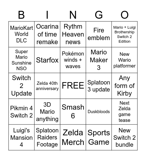 Nintendo Direct Predictions 9/6/2026 Bingo Card