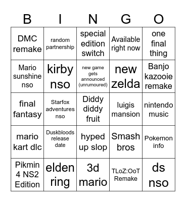 Nintendo Erect Bingo Card