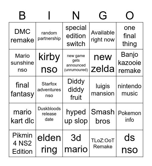 Nintendo Erect Bingo Card
