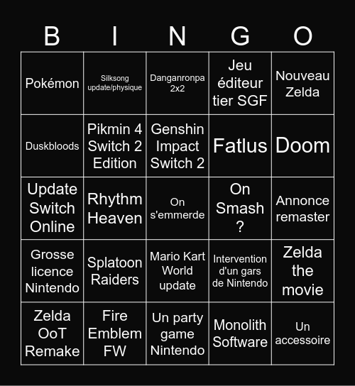 Nintendo Direct Juin 2026 Bingo Card