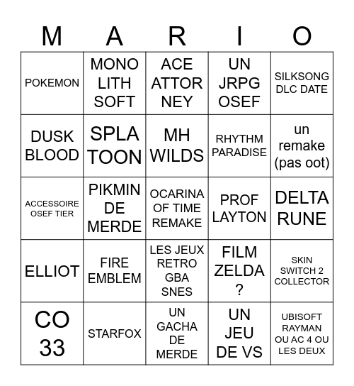 NINTENDO DIRECT 2026 Bingo Card