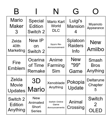 Nintendo Direct June 2026 Bingo Card