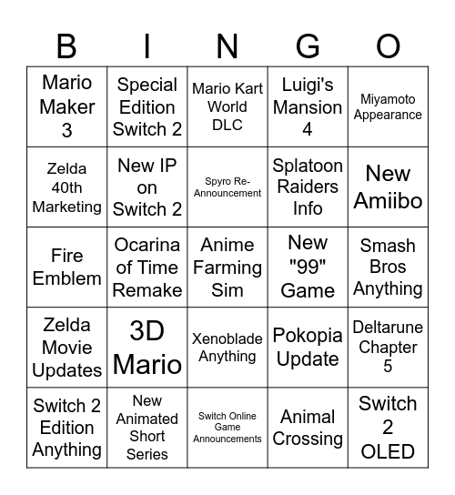 Nintendo Direct June 2026 Bingo Card