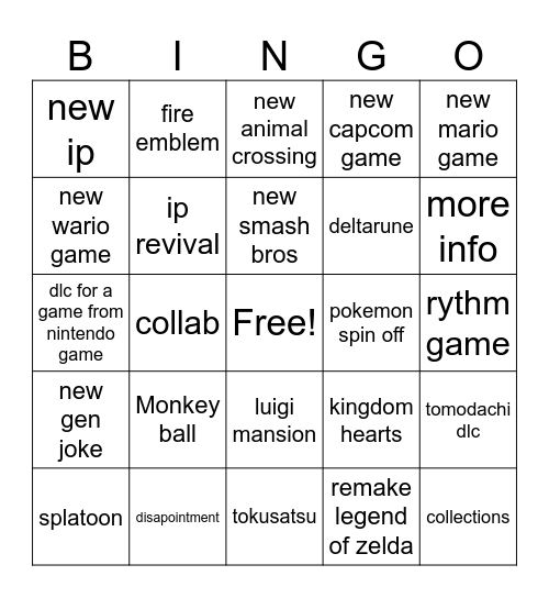 Nintendo Bingo Card