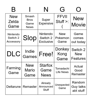 Nintendo THig Bingo Card