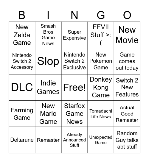 Nintendo THig Bingo Card