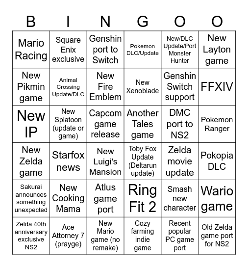 Nintendo Direct Bingo Card