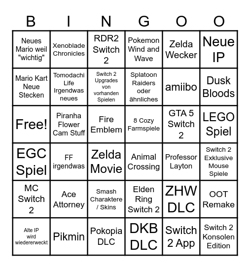 Nintendo Direct Bingo Card
