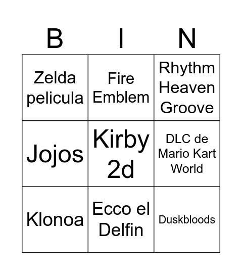 Nintendo Direct Bingo Card
