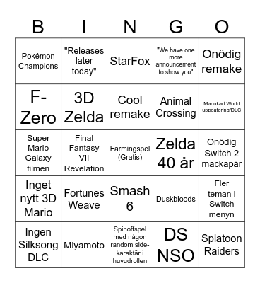 Nintendo Direct 9/6 Bingo Card