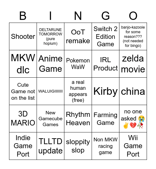 Nintendo Direct 6.9.2026 Bingo (inspired by @yadasher on discord) Bingo Card