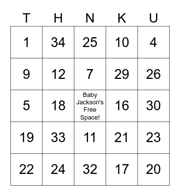 Jackson's Baby Shower Bingo Card