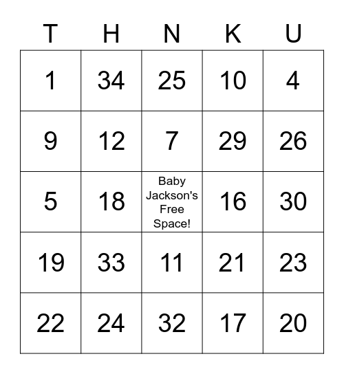 Jackson's Baby Shower Bingo Card