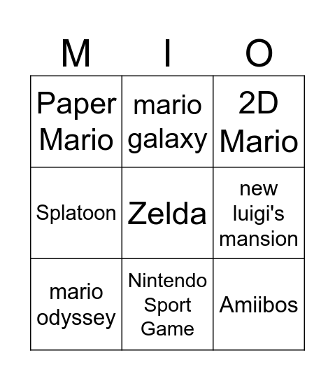 Nintento Bingo Card