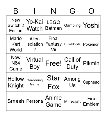 Nintendo Direct Bingo Card