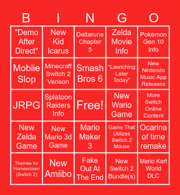 Nintendo Direct 6.9.2026 Bingo Card