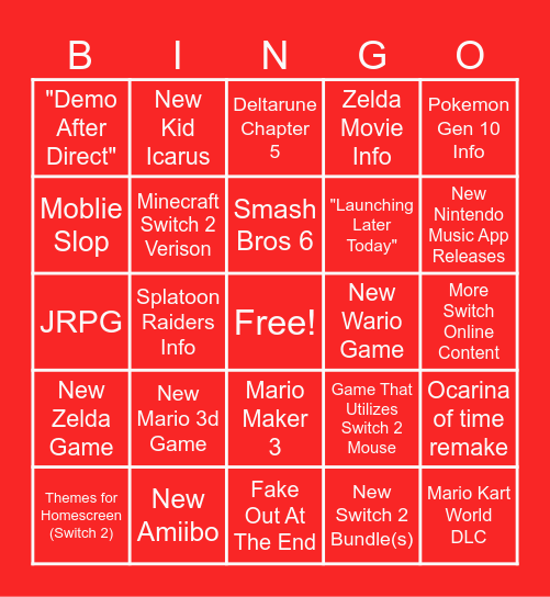 Nintendo Direct 6.9.2026 Bingo Card