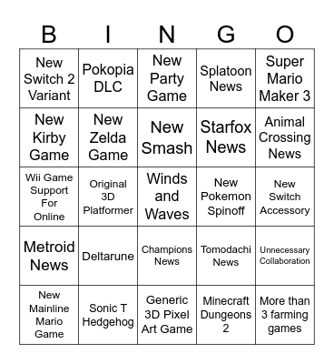 Nintendo Direct Bingo Card