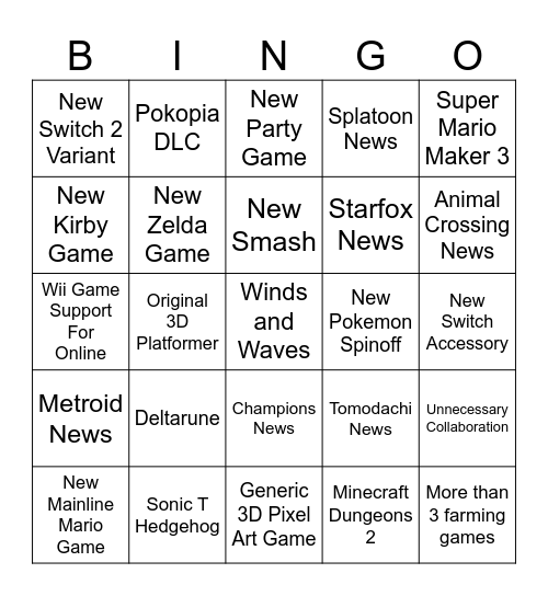 Nintendo Direct Bingo Card