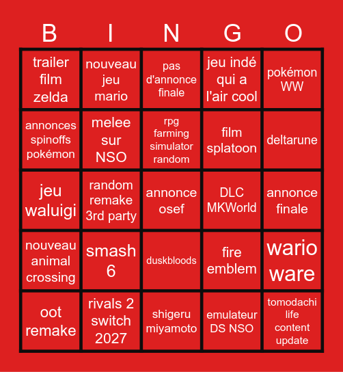 Nintendo Direct Bingo Card
