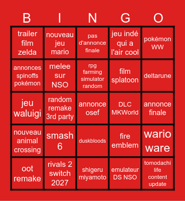 Nintendo Direct Bingo Card