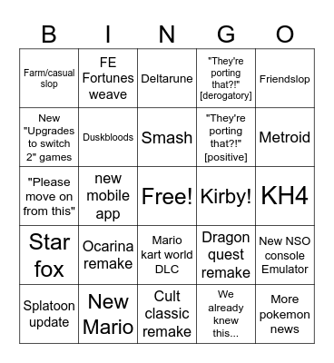 Ninten direct summer games fest Bingo Card