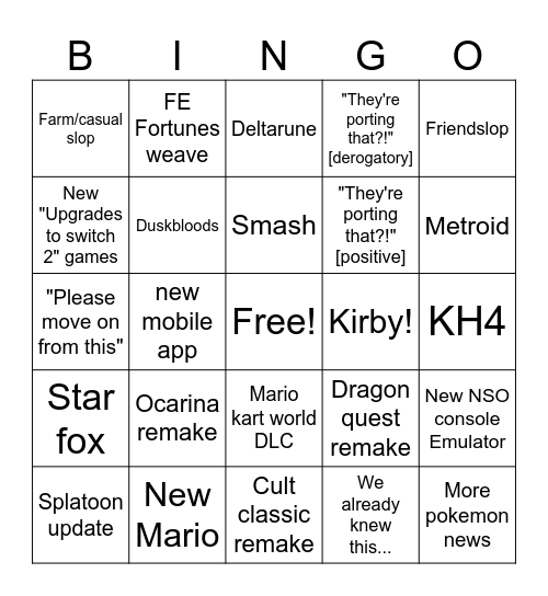 Ninten direct summer games fest Bingo Card