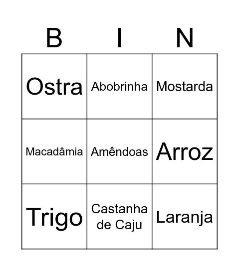 BINGO ALERGÊNICOS Bingo Card