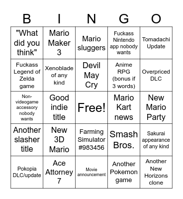 Nintendo Direct June 9th Bingo Card
