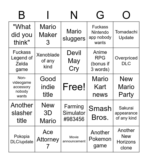 Nintendo Direct June 9th Bingo Card