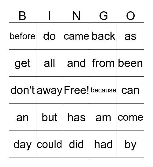 2nd  Grade High Frequency List 1 Bingo Card