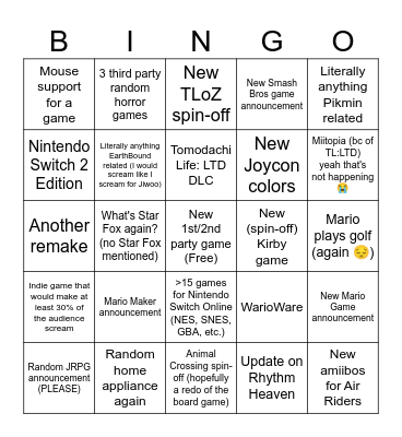 Nintendo Direct Bingo Card