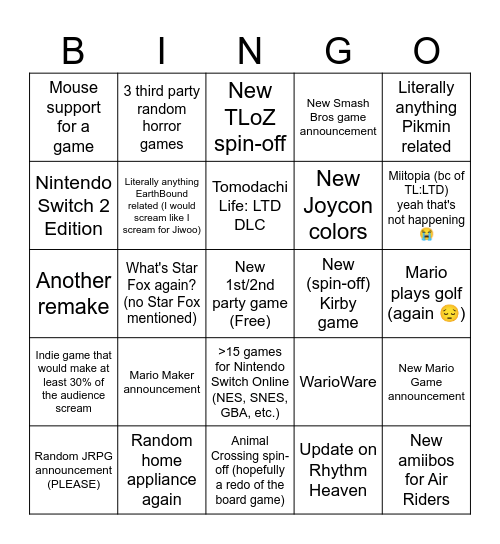 Nintendo Direct Bingo Card