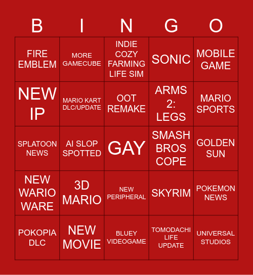 NINTENDO DIRECT BINGO 6/9 Bingo Card