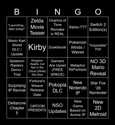 NINTENDO DIRECT BINGO (09/06/2026) Bingo Card