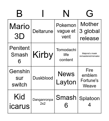 Nintendo direct Bingo Card